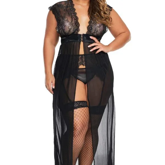 Black Plus Size Locked Away Lover Lingerie Gown Stockings Not Included - Picture 4 of 6